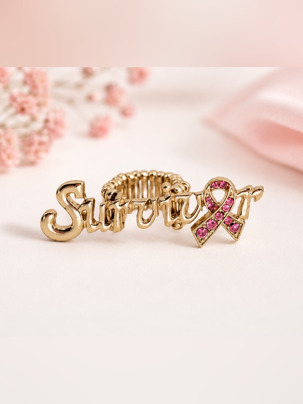 Breast Cancer Survivor Pink Ribbon Jewelry‎ Ring in Gold Tone
